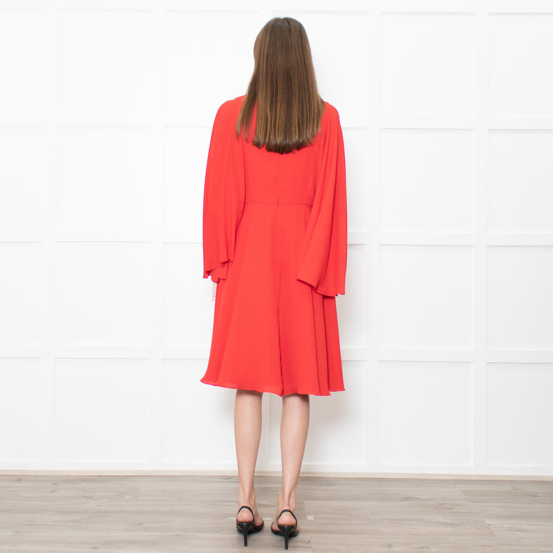 Mikael Aghal Red Fluted Sleeves Midi Dress