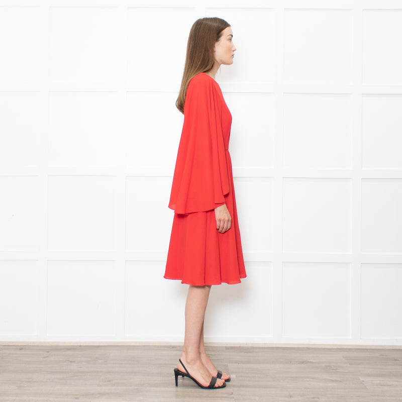 Mikael Aghal Red Fluted Sleeves Midi Dress