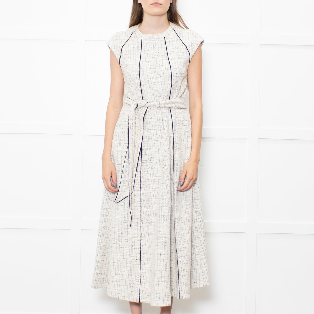 Me+Em Cream Black Piping Tweedy Sleeveless Belted Dress