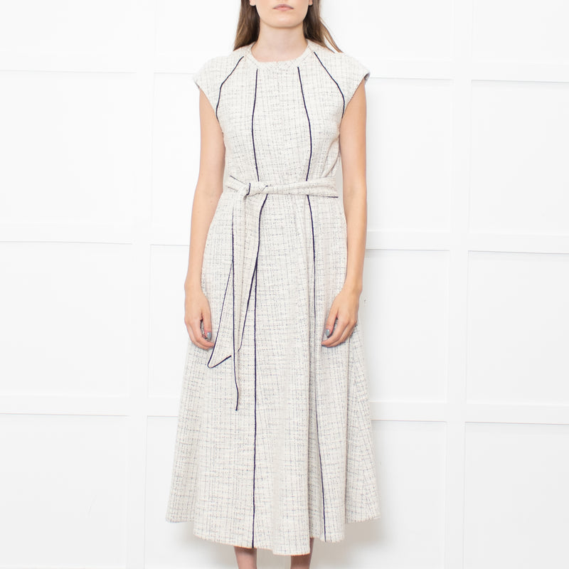 Me+Em Cream Black Piping Tweedy Sleeveless Belted Dress