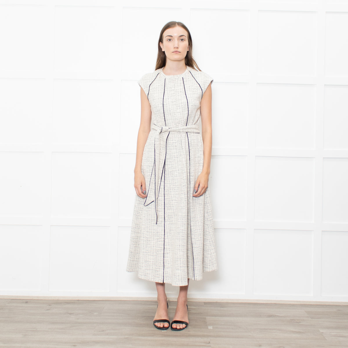 Me+Em Cream Black Piping Tweedy Sleeveless Belted Dress