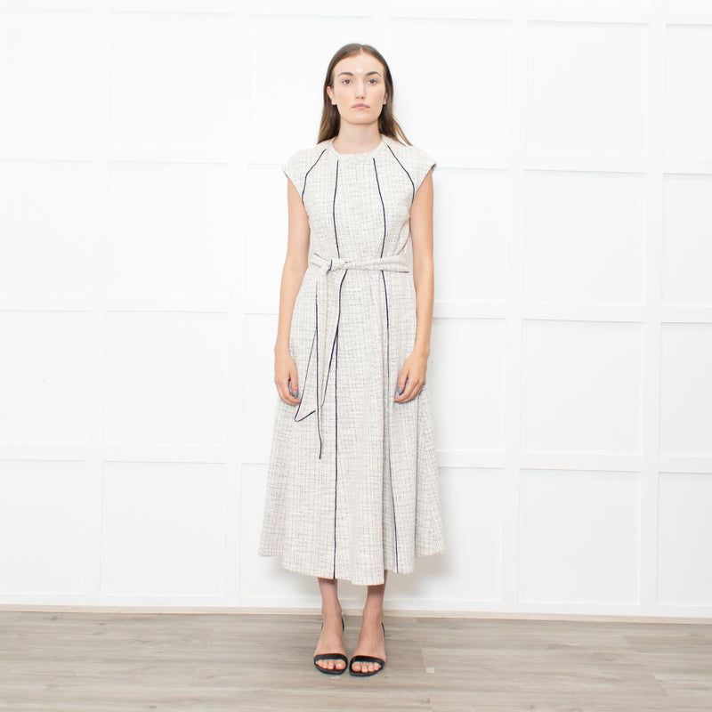 Me+Em Cream Black Piping Tweedy Sleeveless Belted Dress