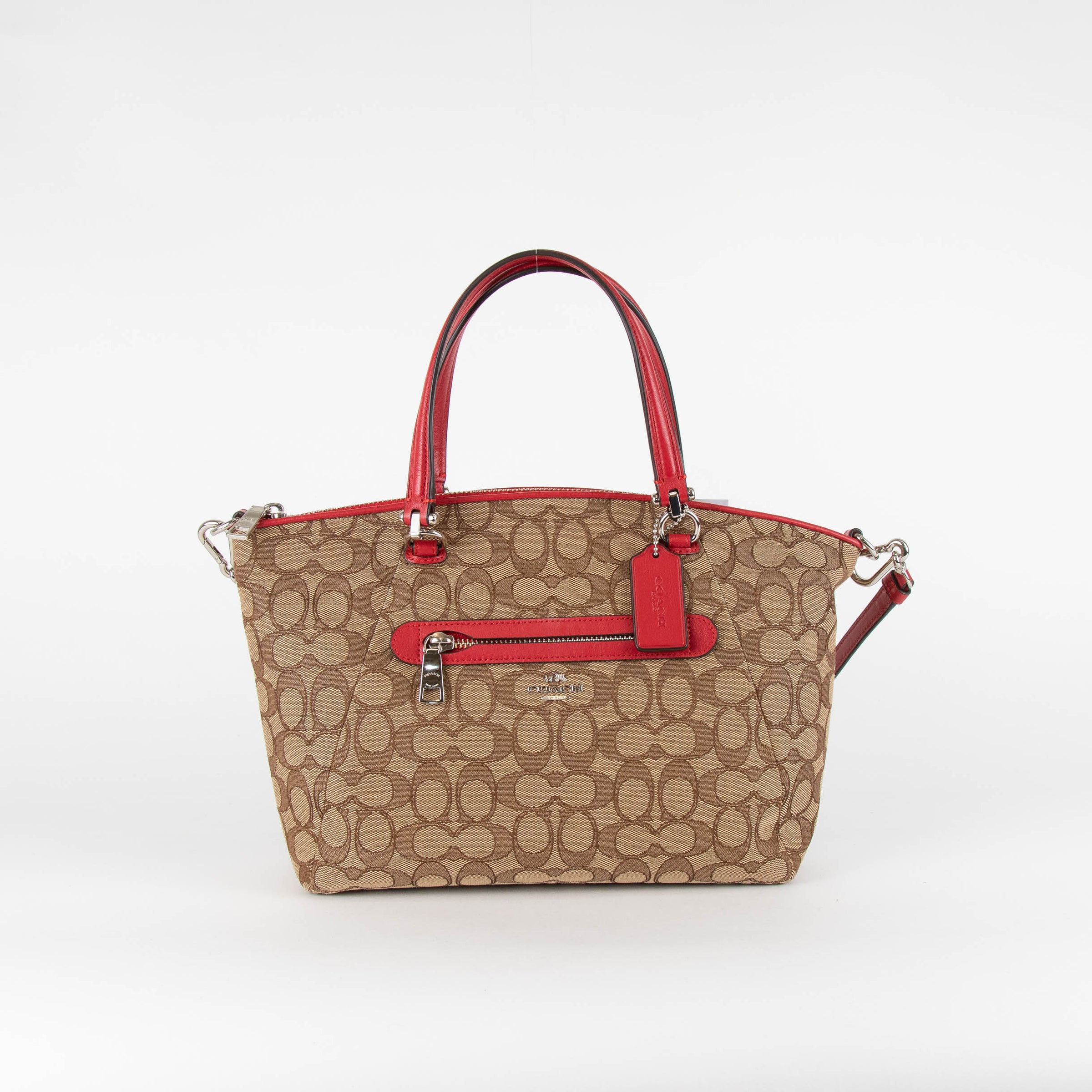 Coach Logo Print Canvas Top Handle Bag with Red Leather Trims Phoenix