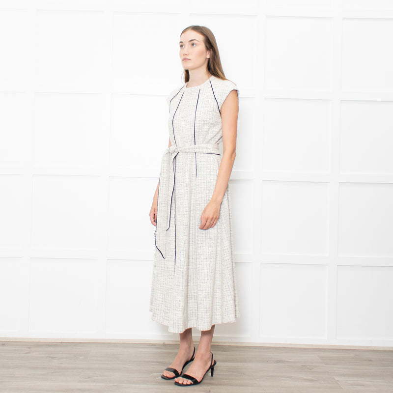 Me+Em Cream Black Piping Tweedy Sleeveless Belted Dress