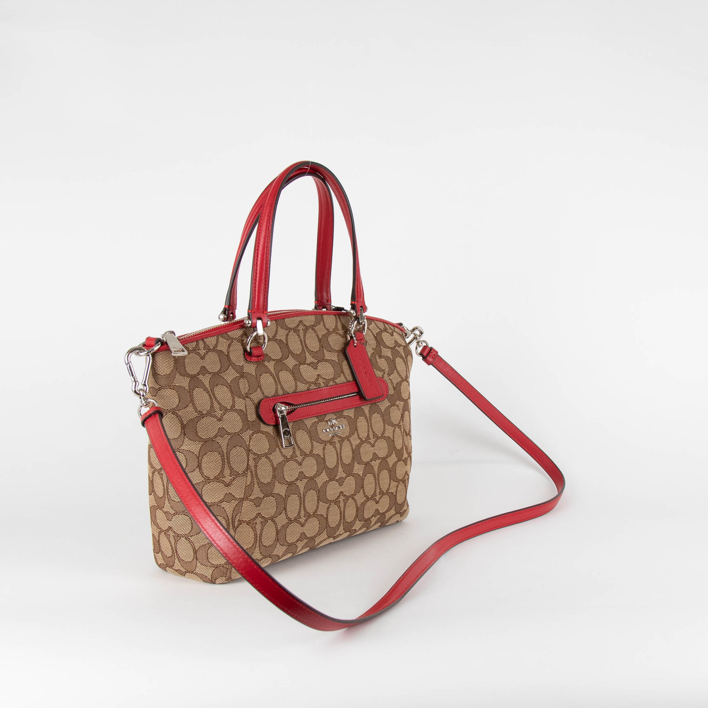 Coach Logo Print Canvas Top Handle Bag with Red Leather Trims Phoenix