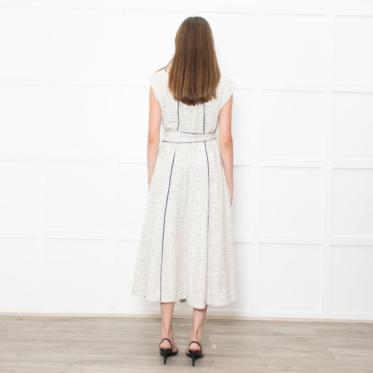Me+Em Cream Black Piping Tweedy Sleeveless Belted Dress