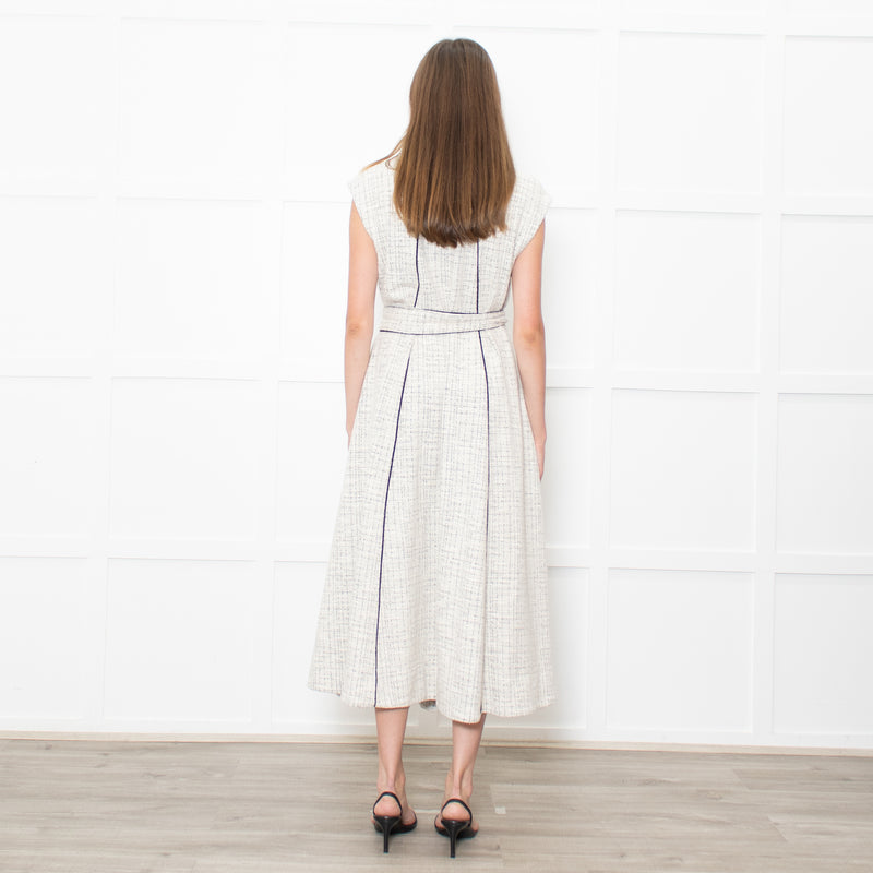 Me+Em Cream Black Piping Tweedy Sleeveless Belted Dress