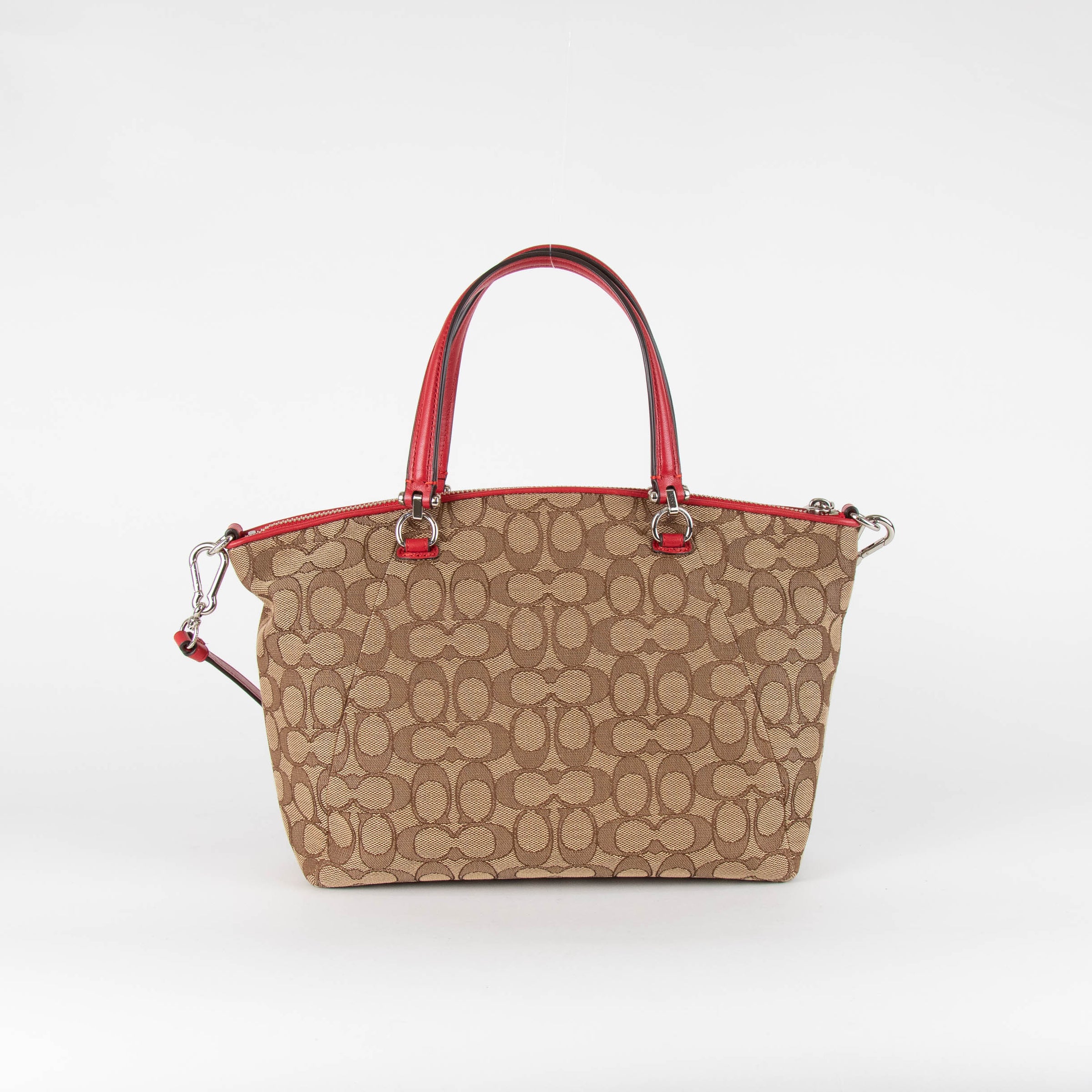 Coach Logo Print Canvas Top Handle Bag with Red Leather Trims Phoenix