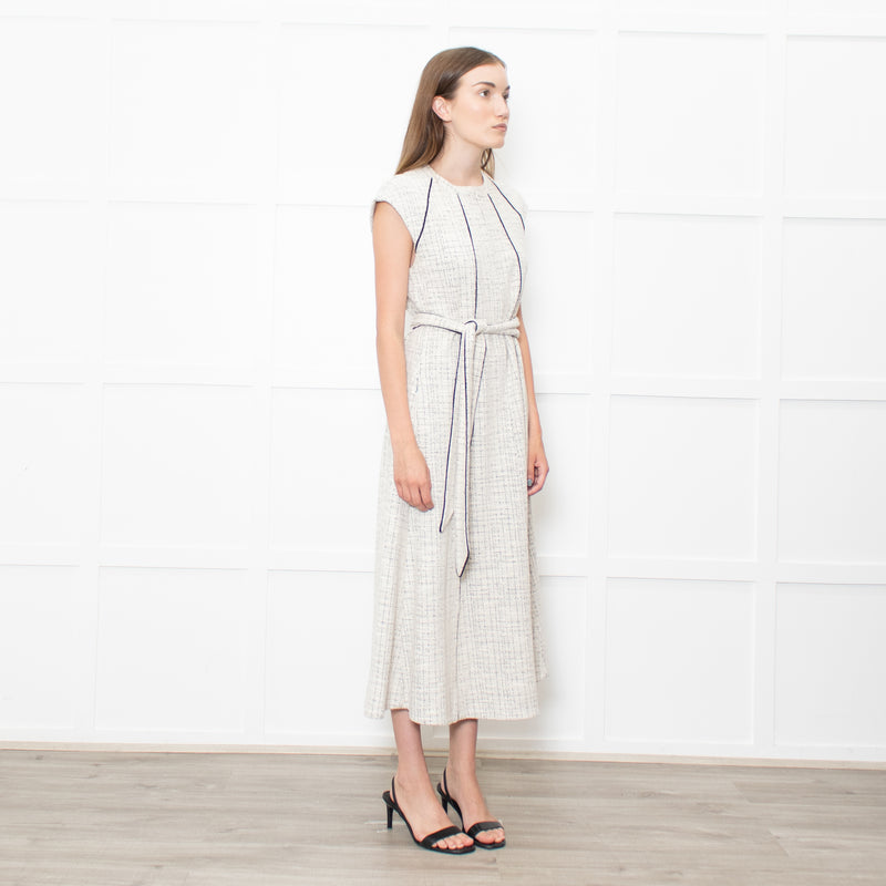 Me+Em Cream Black Piping Tweedy Sleeveless Belted Dress