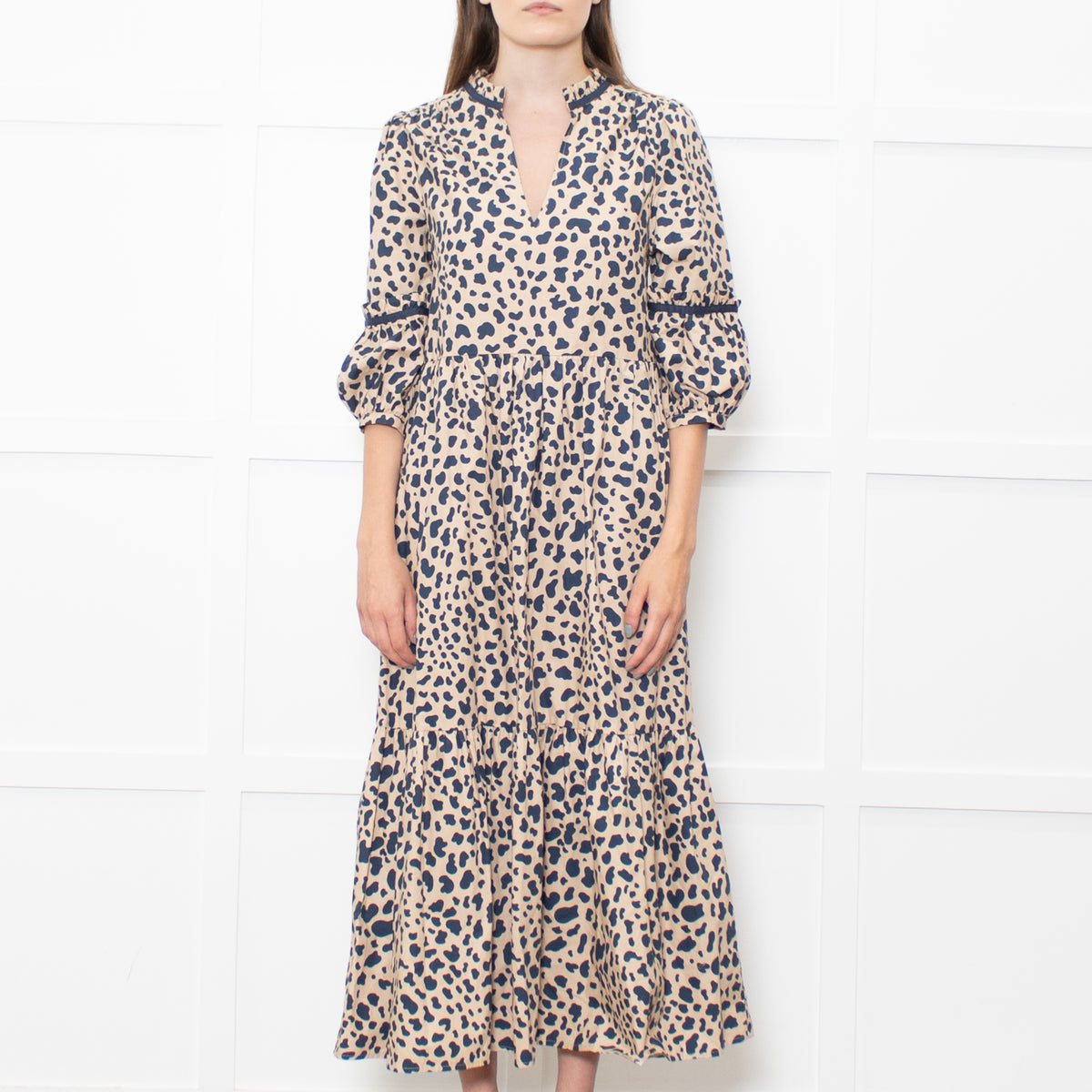 Wyse Beige Blue Animal Print Cotton Maxi Dress