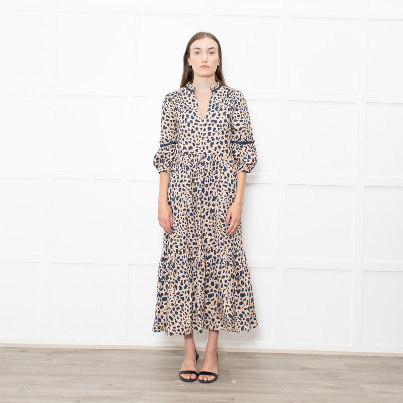 Wyse Beige Blue Animal Print Cotton Maxi Dress
