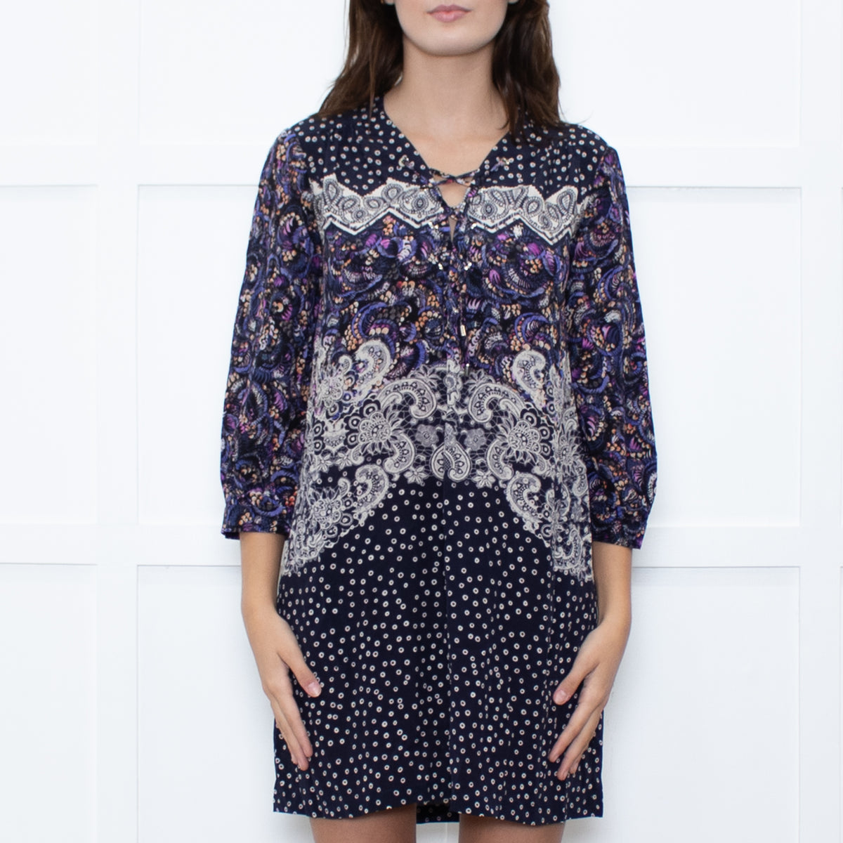 Saloni Navy White Multi Print Tunic Dress