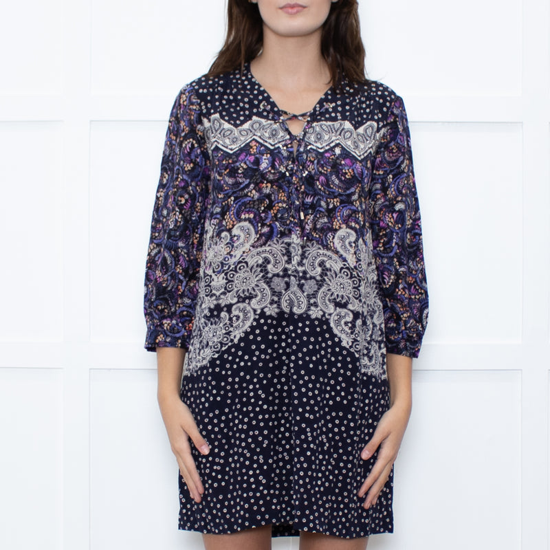 Saloni Navy White Multi Print Tunic Dress
