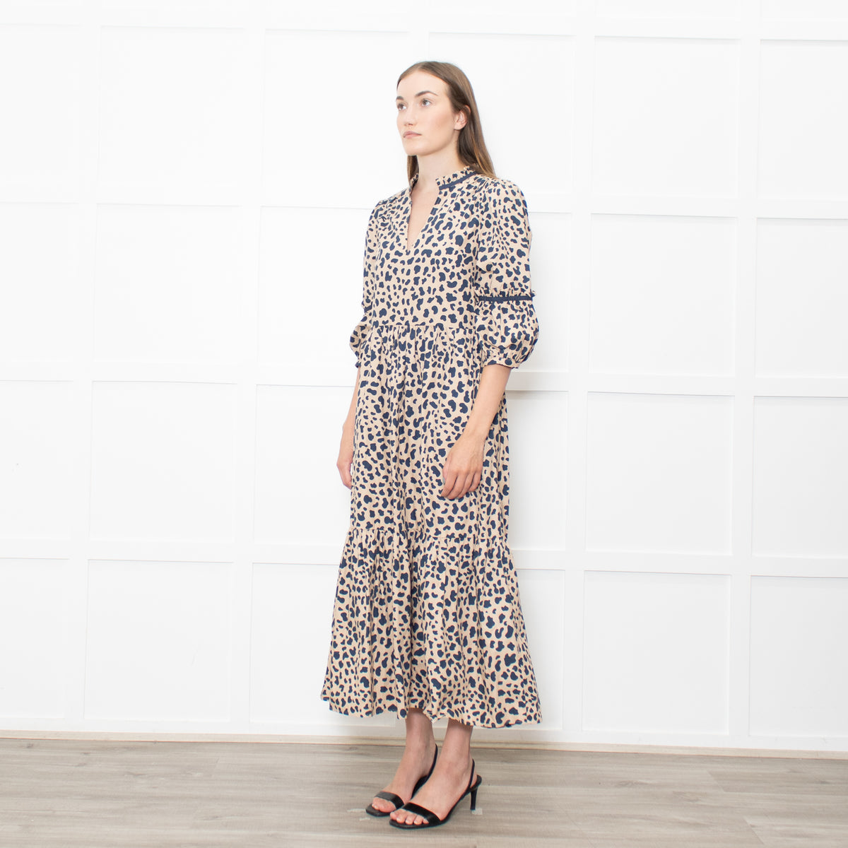 Wyse Beige Blue Animal Print Cotton Maxi Dress