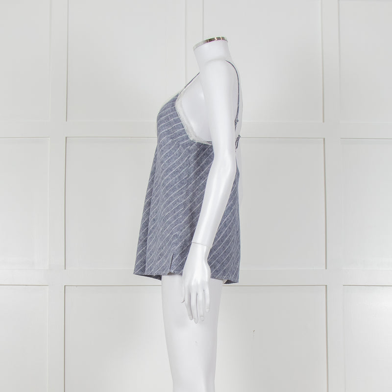 Gold Hawk Blue Striped White Lace Trim Cami