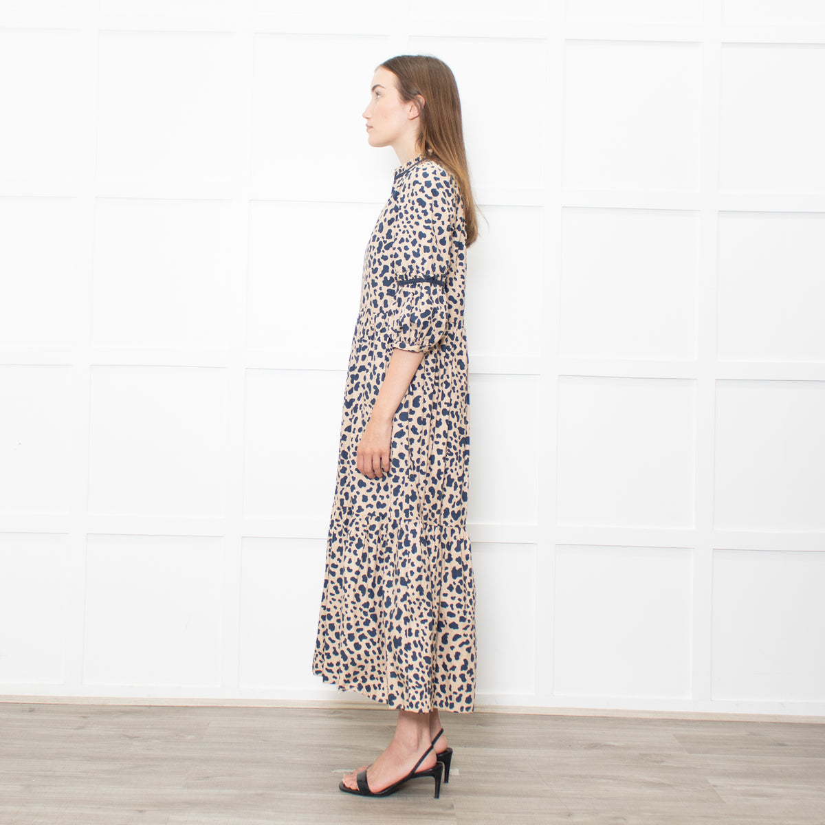 Wyse Beige Blue Animal Print Cotton Maxi Dress