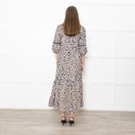 Wyse Beige Blue Animal Print Cotton Maxi Dress