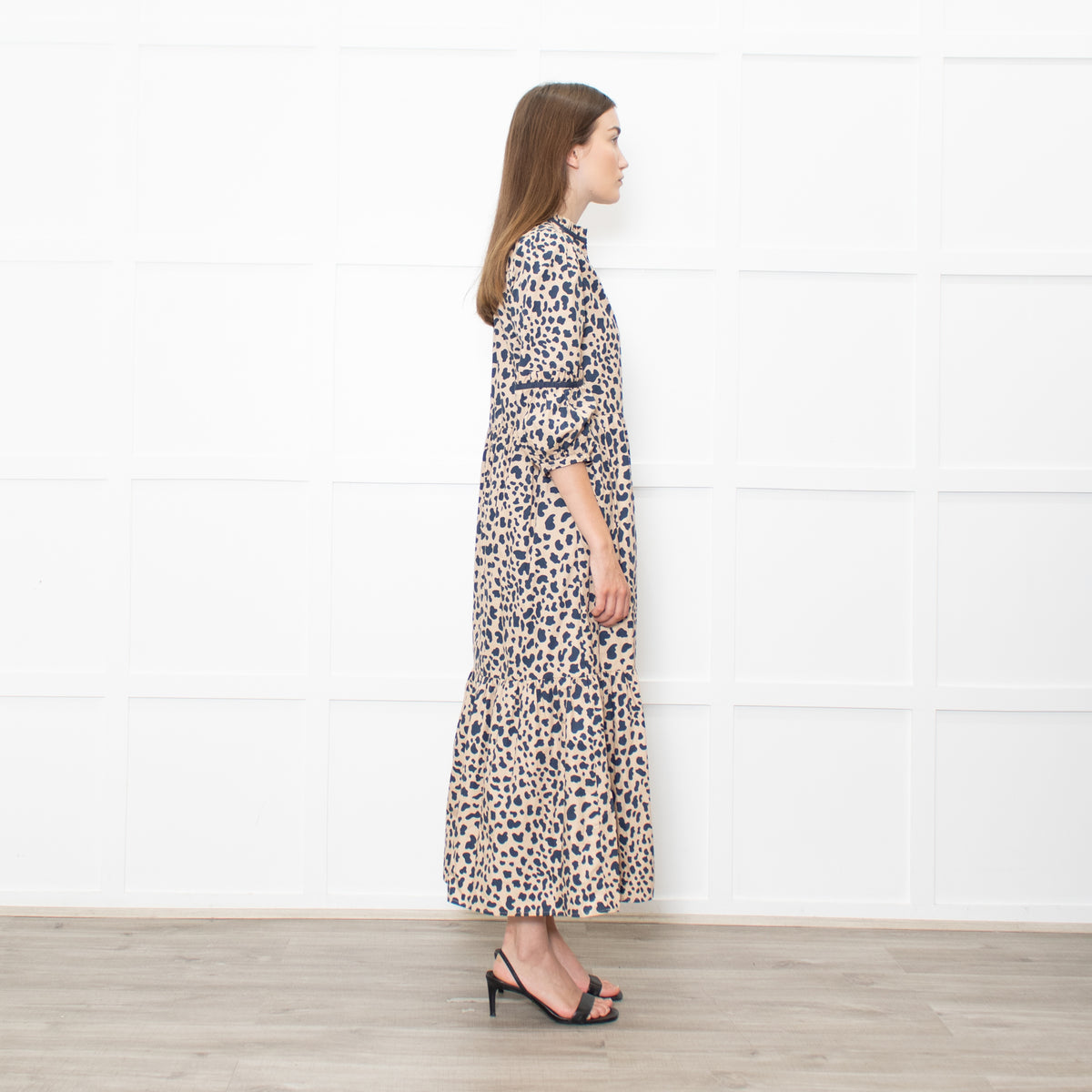 Wyse Beige Blue Animal Print Cotton Maxi Dress