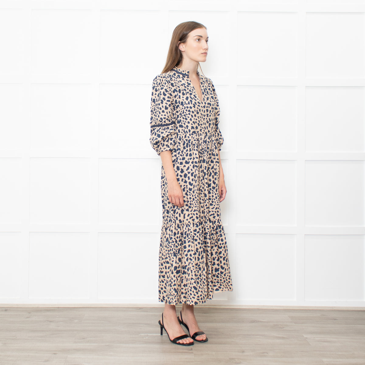 Wyse Beige Blue Animal Print Cotton Maxi Dress