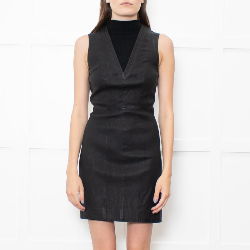 Theory Black Leather Sleeveless Stretchy Mini Dress
