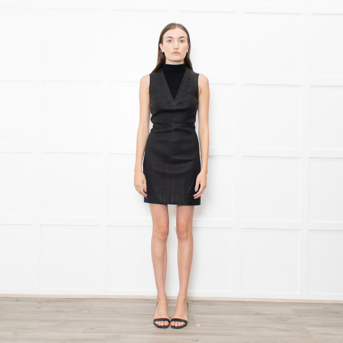 Theory Black Leather Sleeveless Stretchy Mini Dress