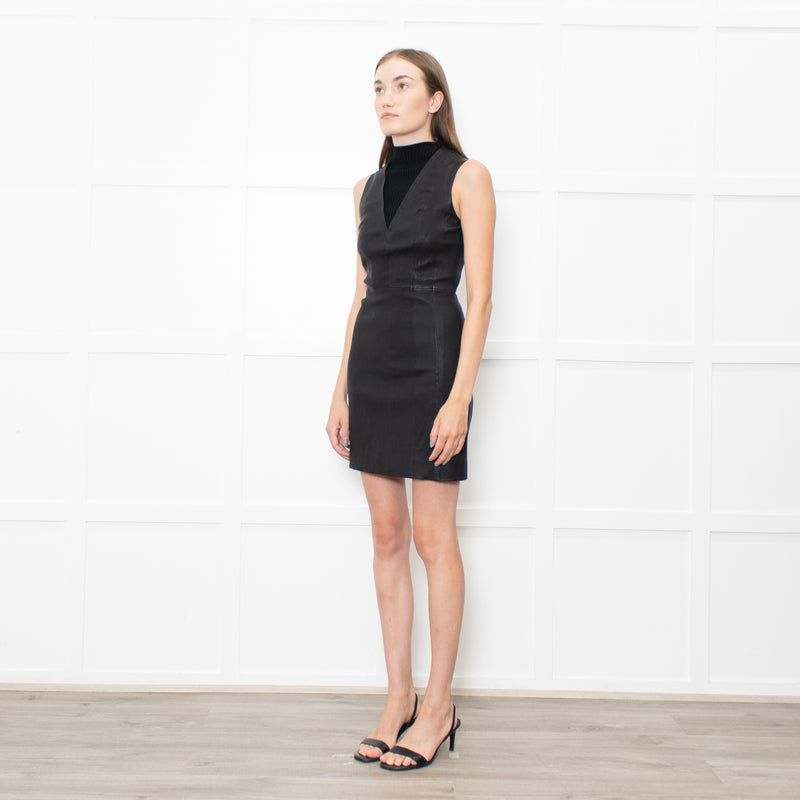 Theory Black Leather Sleeveless Stretchy Mini Dress