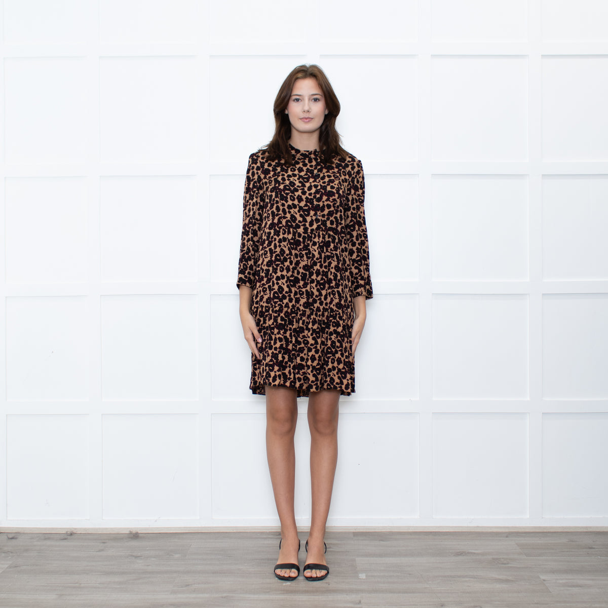 Ba&sh Tan Black Animal Print Tiered Dress