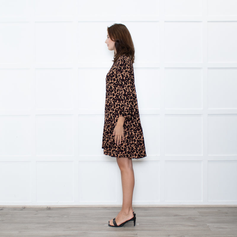 Ba&sh Tan Black Animal Print Tiered Dress
