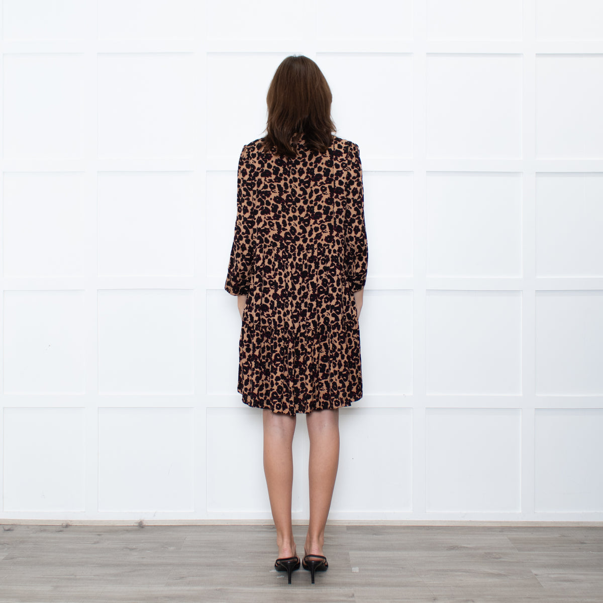 Ba&sh Tan Black Animal Print Tiered Dress