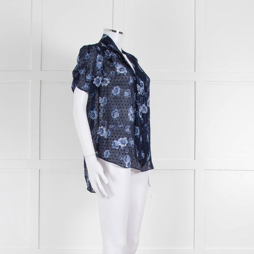 Kate Spade Blue Floral Sheer Short Sleeve Blouse