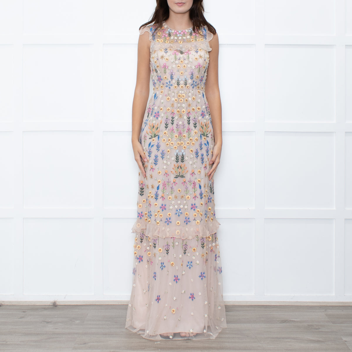 Needle & Thread Powder Pink Multi Embroidery Maxi Mesh Dress