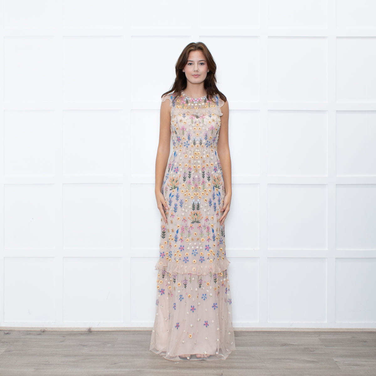 Needle & Thread Powder Pink Multi Embroidery Maxi Mesh Dress