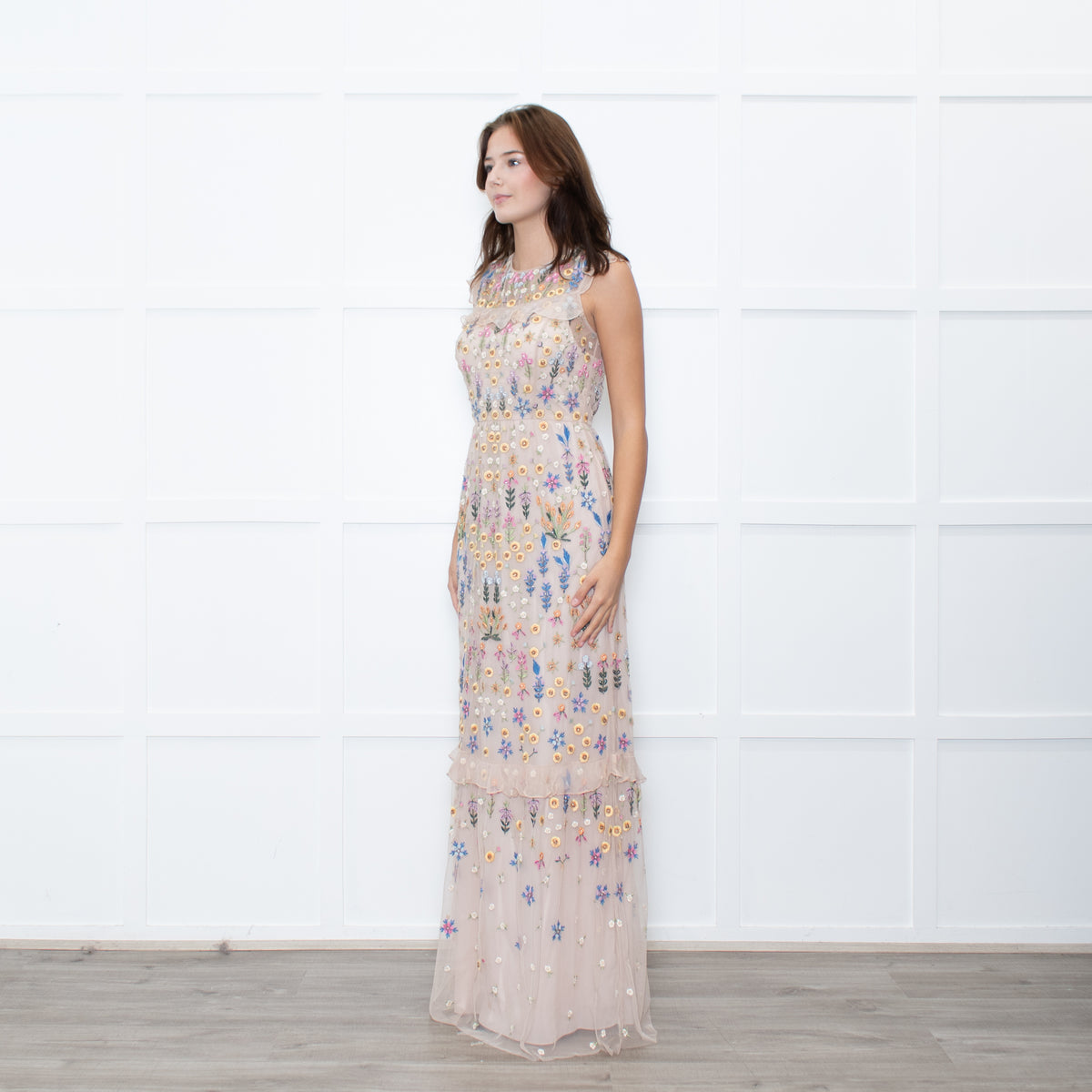 Needle & Thread Powder Pink Multi Embroidery Maxi Mesh Dress