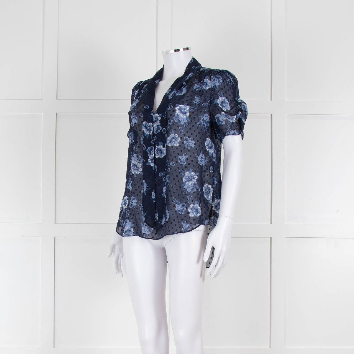 Kate Spade Blue Floral Sheer Short Sleeve Blouse
