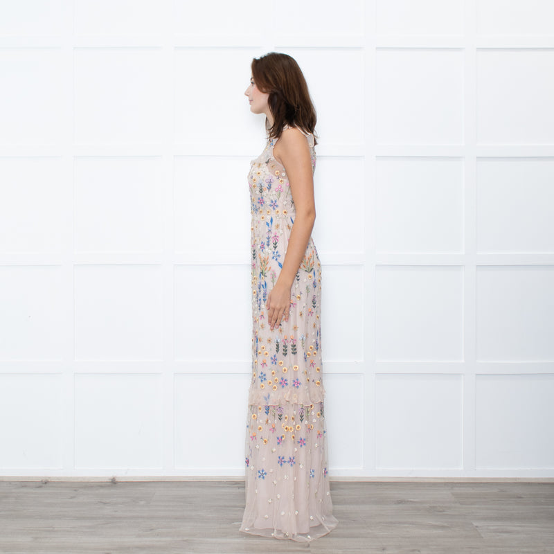Needle & Thread Powder Pink Multi Embroidery Maxi Mesh Dress