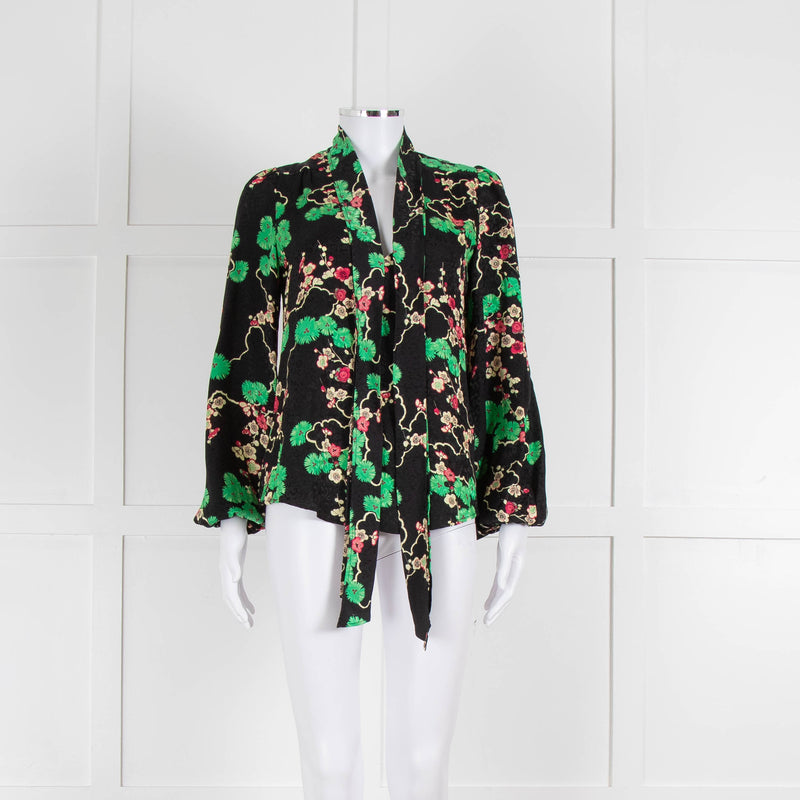 Rixo Black Green and Pink Floral Tie Neck Blouse