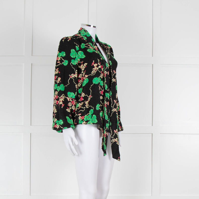 Rixo Black Green and Pink Floral Tie Neck Blouse