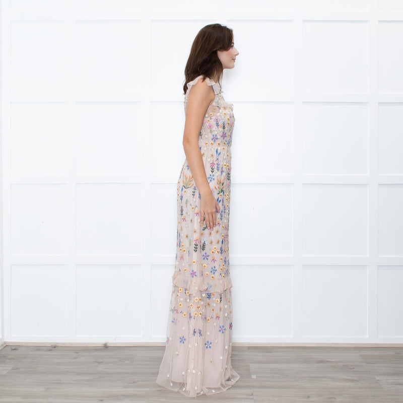 Needle & Thread Powder Pink Multi Embroidery Maxi Mesh Dress