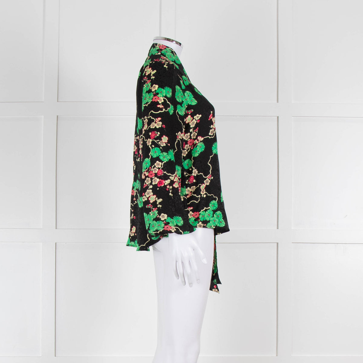 Rixo Black Green and Pink Floral Tie Neck Blouse