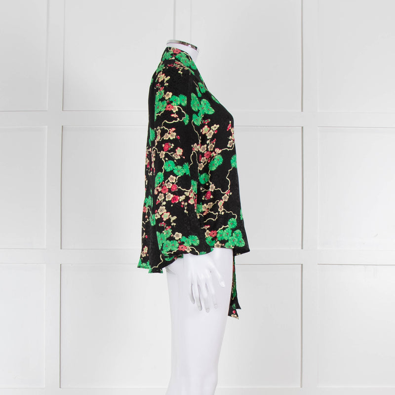 Rixo Black Green and Pink Floral Tie Neck Blouse