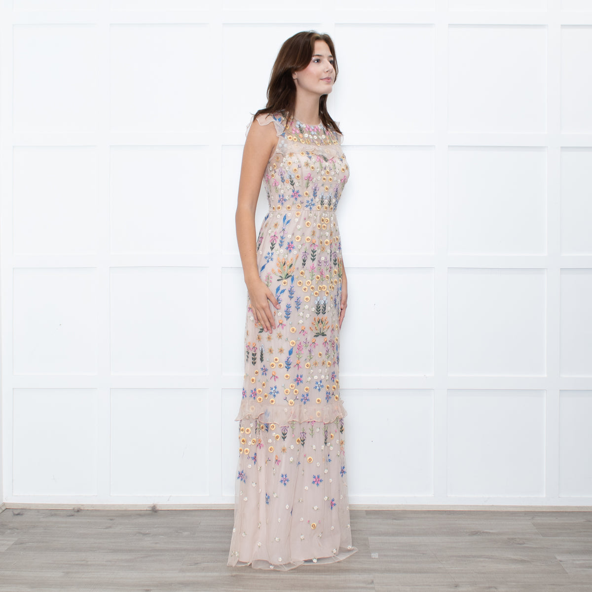 Needle & Thread Powder Pink Multi Embroidery Maxi Mesh Dress