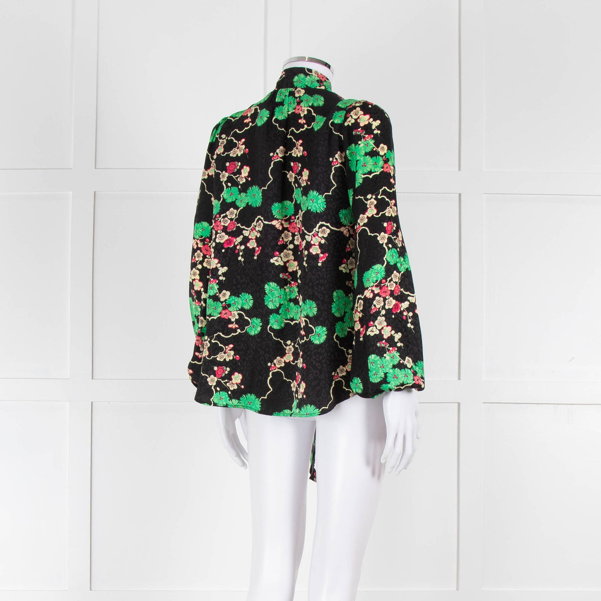 Rixo Black Green and Pink Floral Tie Neck Blouse