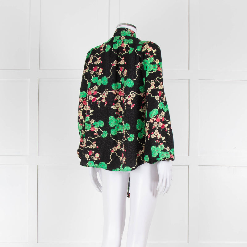 Rixo Black Green and Pink Floral Tie Neck Blouse