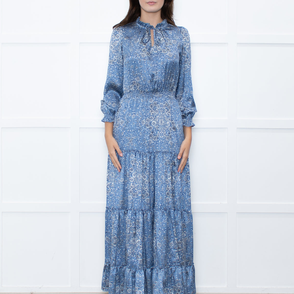 Ridley Blue White Floral Print Satin Silk Long Sleeve Maxi Dress