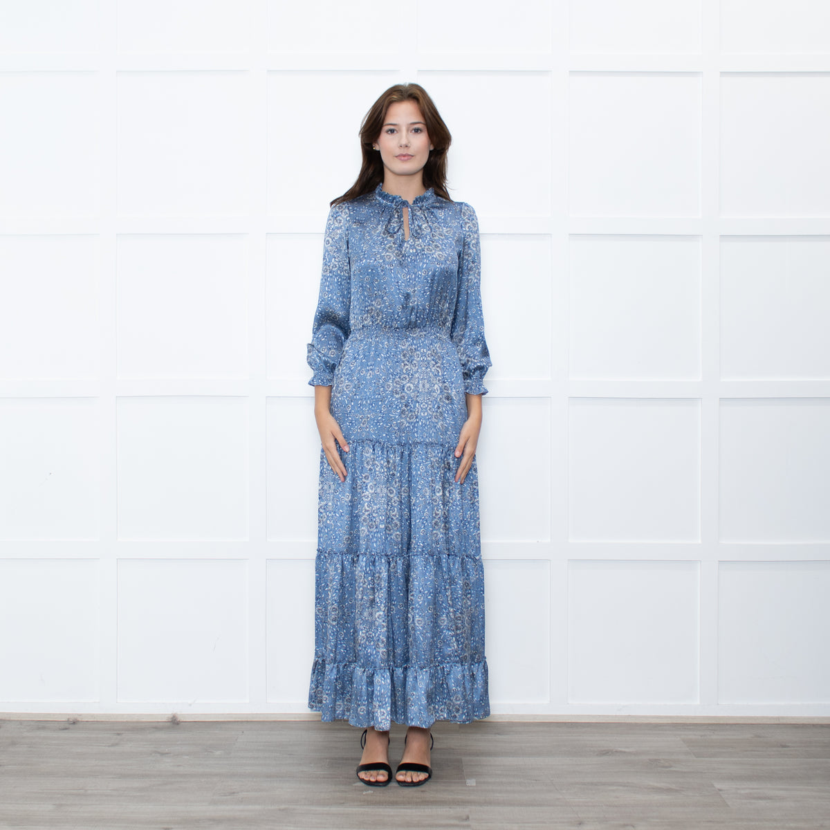 Ridley Blue White Floral Print Satin Silk Long Sleeve Maxi Dress