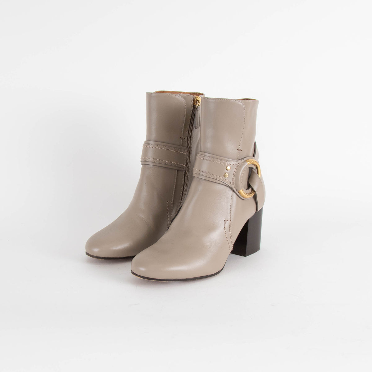 Chloe Taupe Leather Buckle Ankle Boots