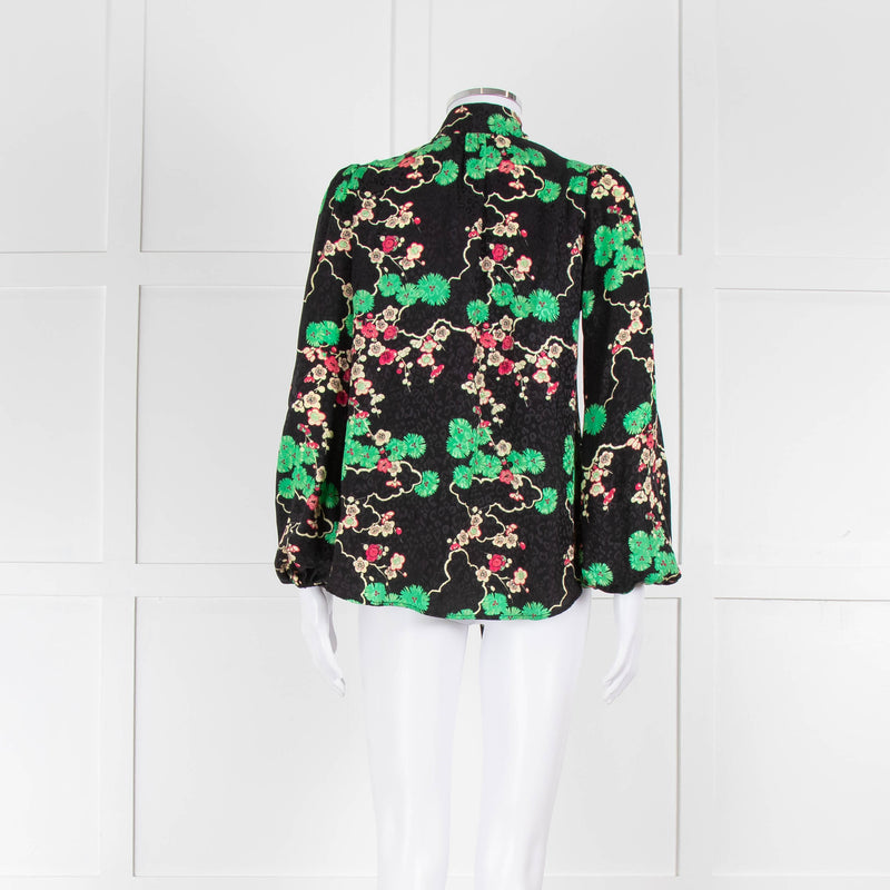 Rixo Black Green and Pink Floral Tie Neck Blouse