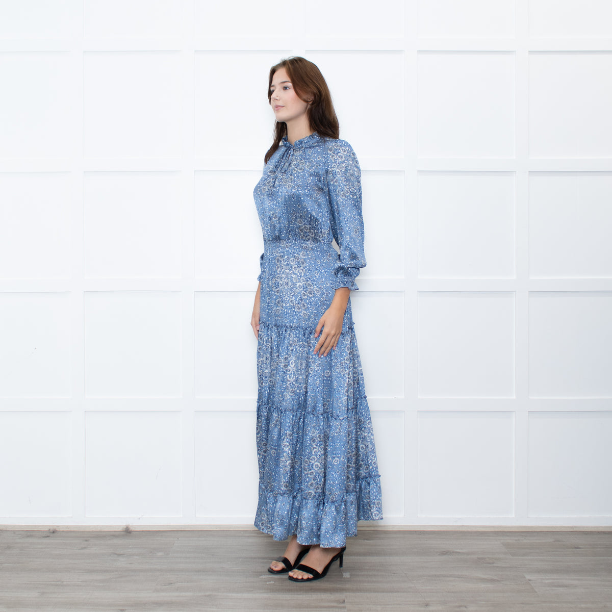 Ridley Blue White Floral Print Satin Silk Long Sleeve Maxi Dress
