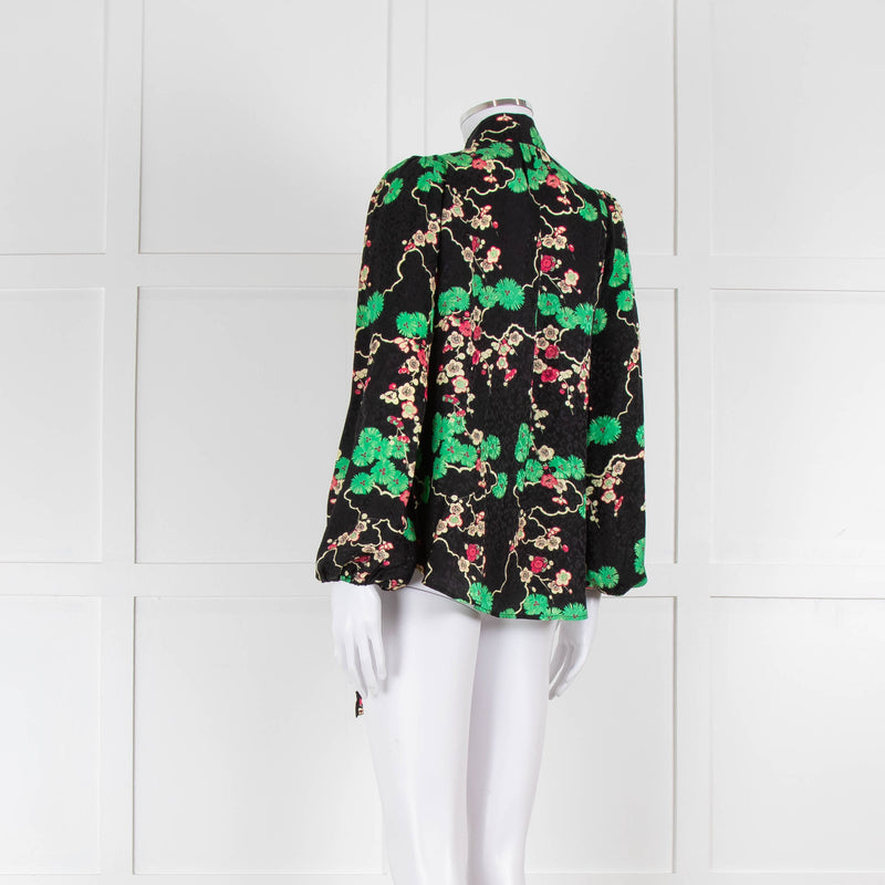 Rixo Black Green and Pink Floral Tie Neck Blouse