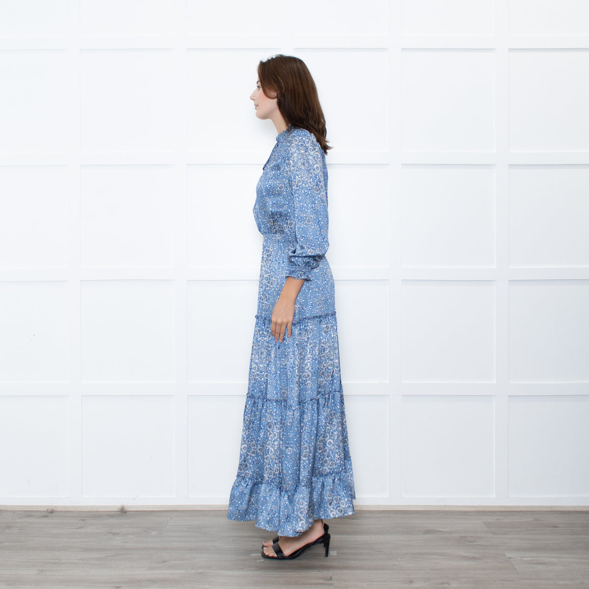 Ridley Blue White Floral Print Satin Silk Long Sleeve Maxi Dress